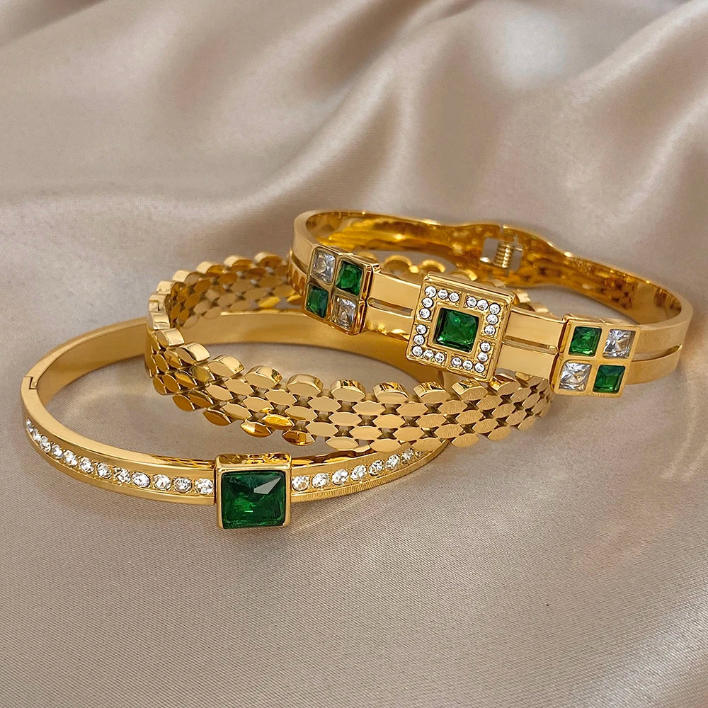 Greatera Light Luxury Style Green Square Zirconium Series Cuff Bracelet Unique Stainless Steel Artistic Exaggerate Women Bangle