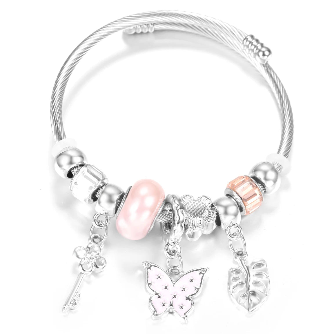 New Rhinestone Heart Shaped Pendant Stainless Steel Beaded Bracelet 4 Colors High Quality Closure Bangles Women Bracelet Jewelry