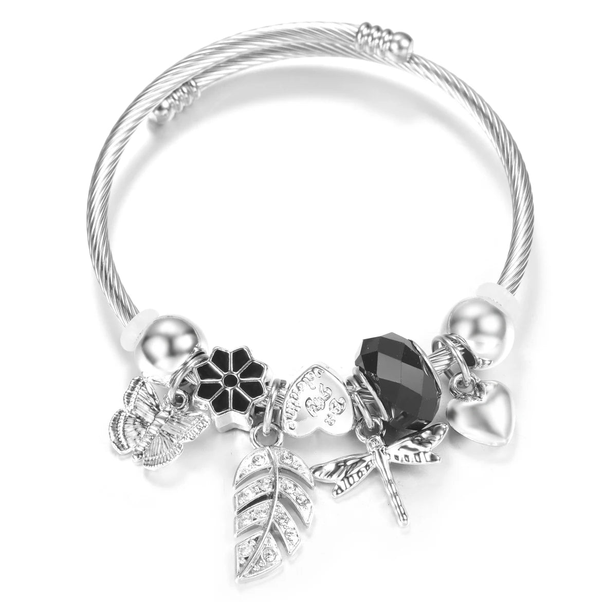 New Rhinestone Heart Shaped Pendant Stainless Steel Beaded Bracelet 4 Colors High Quality Closure Bangles Women Bracelet Jewelry