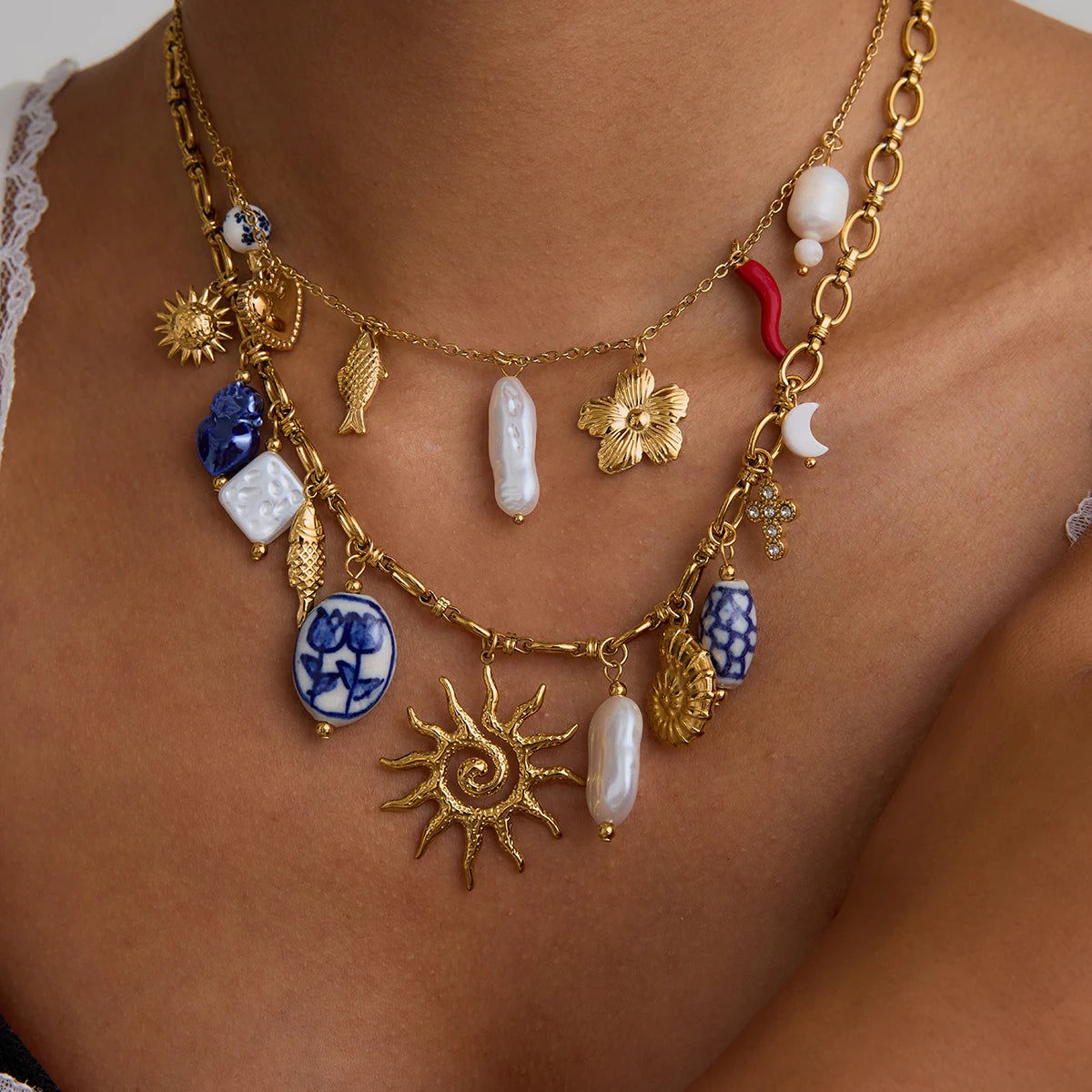 Gold Sun Charm Necklace with Pearl & Ceramic | Ocean-Inspired Statement Jewelry