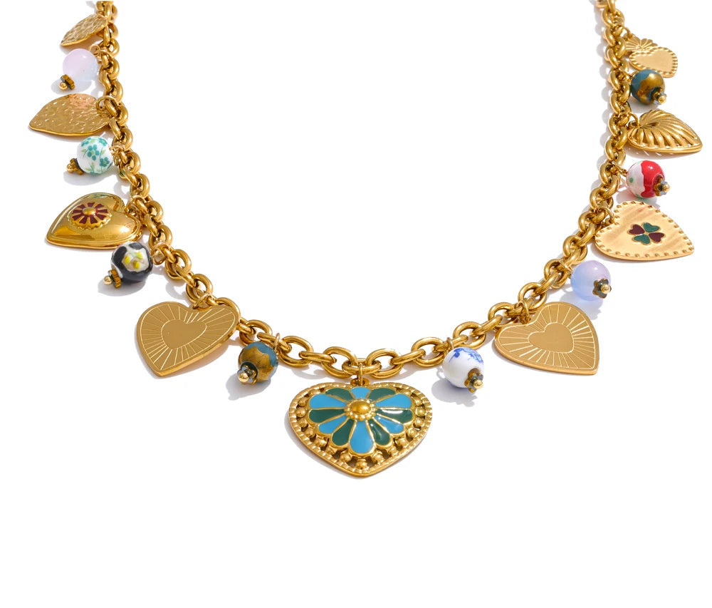 Colorful Heart Charm Necklace | Gold Statement Jewelry for Women