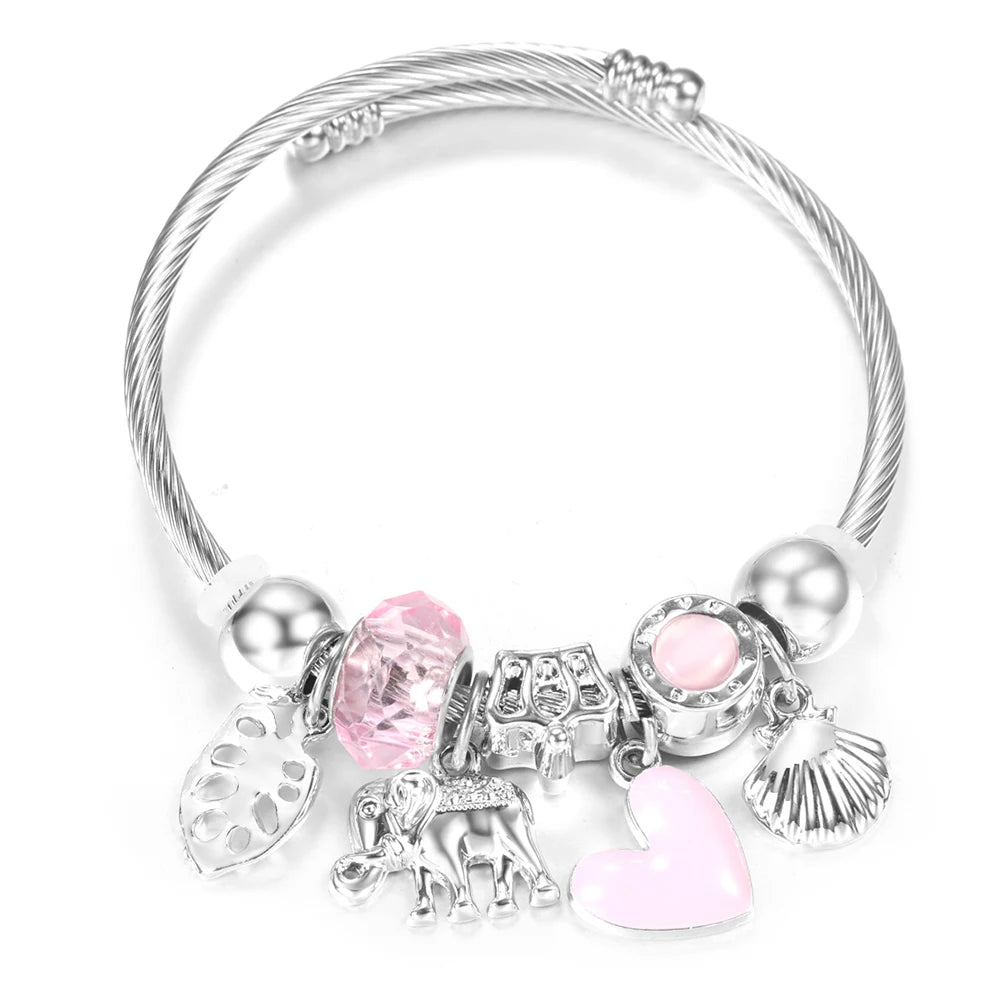 New Rhinestone Heart Shaped Pendant Stainless Steel Beaded Bracelet 4 Colors High Quality Closure Bangles Women Bracelet Jewelry