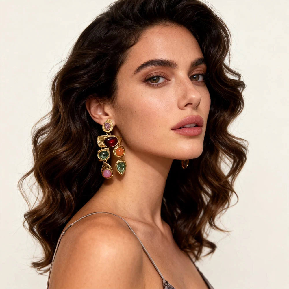 Exaggerated Vintage Rhinestone Crystal Beads Drop Earring For Women Ethnic Jewelry Fashion Geometry  Metal Earrings