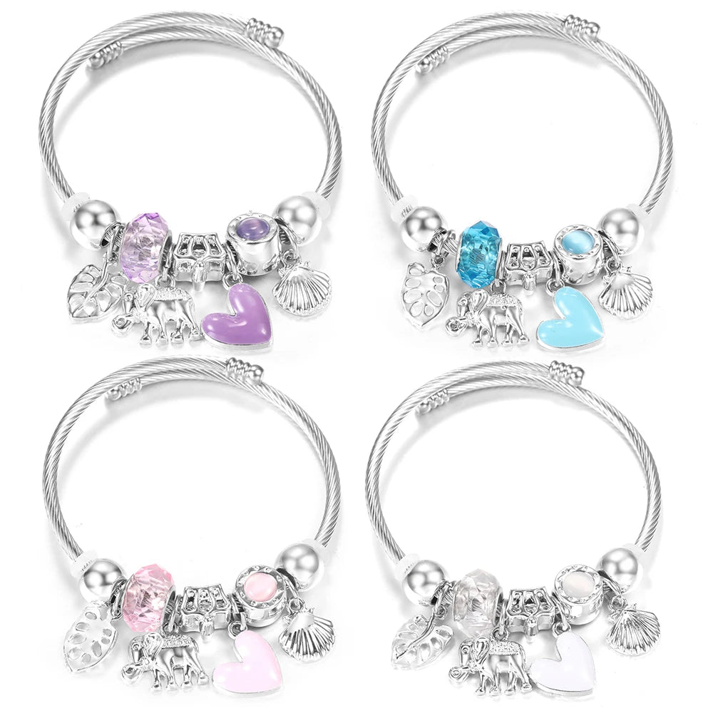 New Rhinestone Heart Shaped Pendant Stainless Steel Beaded Bracelet 4 Colors High Quality Closure Bangles Women Bracelet Jewelry