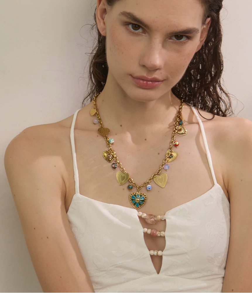Colorful Heart Charm Necklace | Gold Statement Jewelry for Women