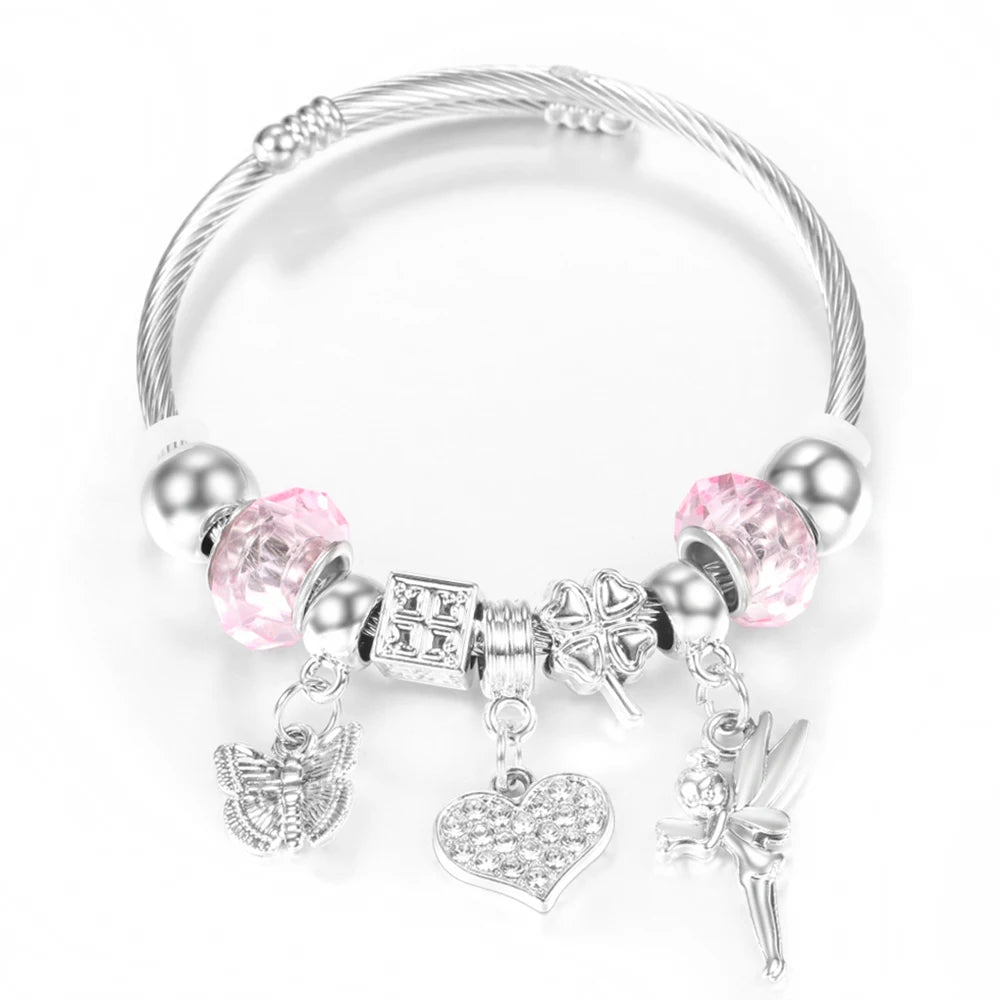 New Rhinestone Heart Shaped Pendant Stainless Steel Beaded Bracelet 4 Colors High Quality Closure Bangles Women Bracelet Jewelry