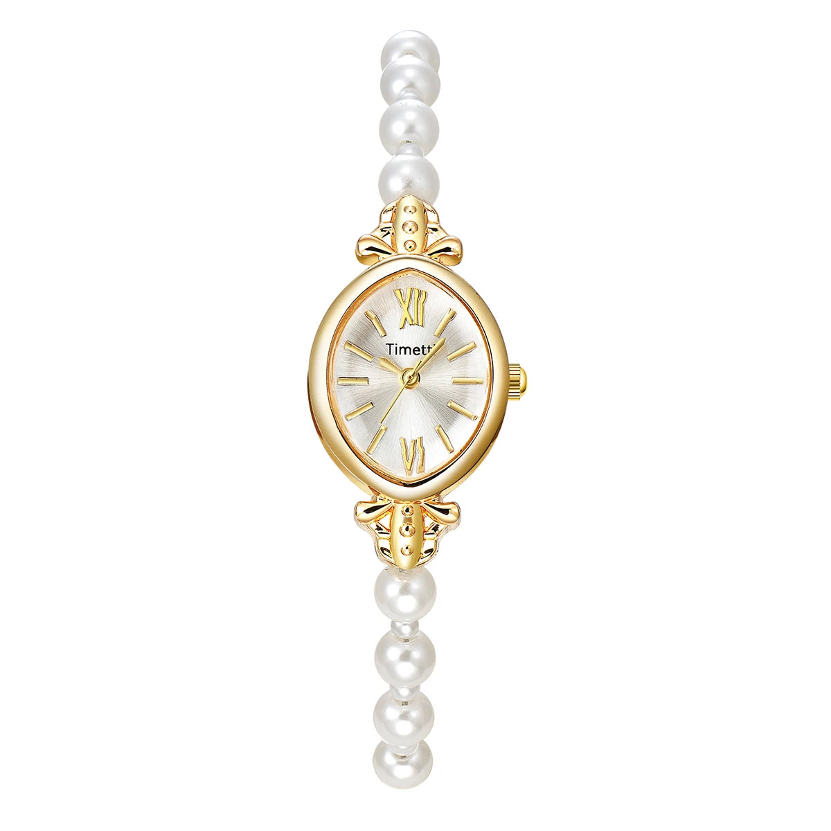 Gold Pearl Bracelet Watch with Roman Numerals | Elegant Quartz Watch for Women