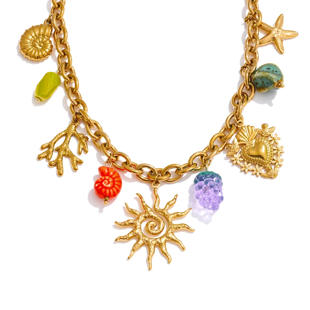 Ocean Sun Charm Necklace with Colorful Ceramic | Statement Summer Jewelry