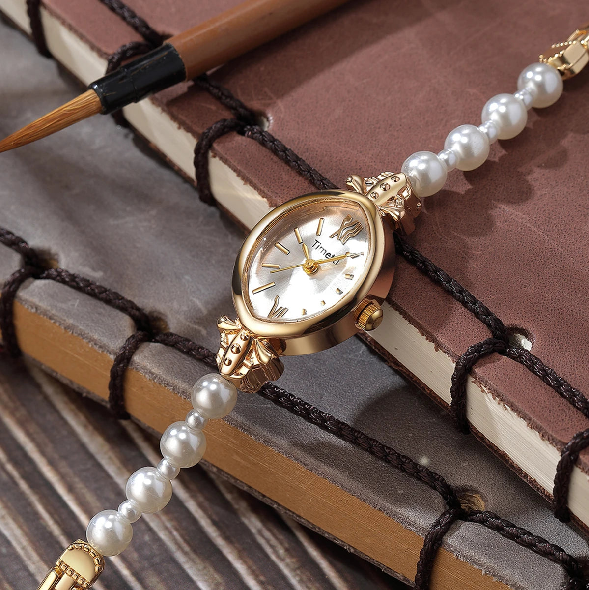 Gold Pearl Bracelet Watch with Roman Numerals | Elegant Quartz Watch for Women
