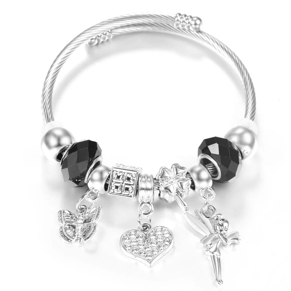 New Rhinestone Heart Shaped Pendant Stainless Steel Beaded Bracelet 4 Colors High Quality Closure Bangles Women Bracelet Jewelry