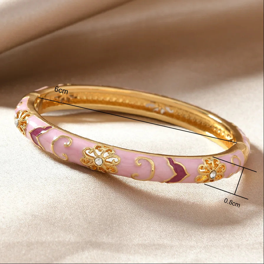 Ethnic Style Luxury Gold Color Stainless Steel Multicolor Enamel Flower Bangle for Women Charm Bride Cuff Bracelet Beho Jewelry