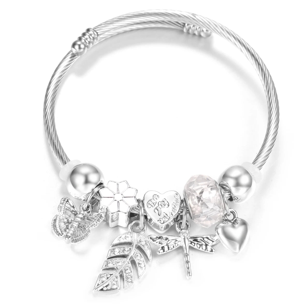 New Rhinestone Heart Shaped Pendant Stainless Steel Beaded Bracelet 4 Colors High Quality Closure Bangles Women Bracelet Jewelry