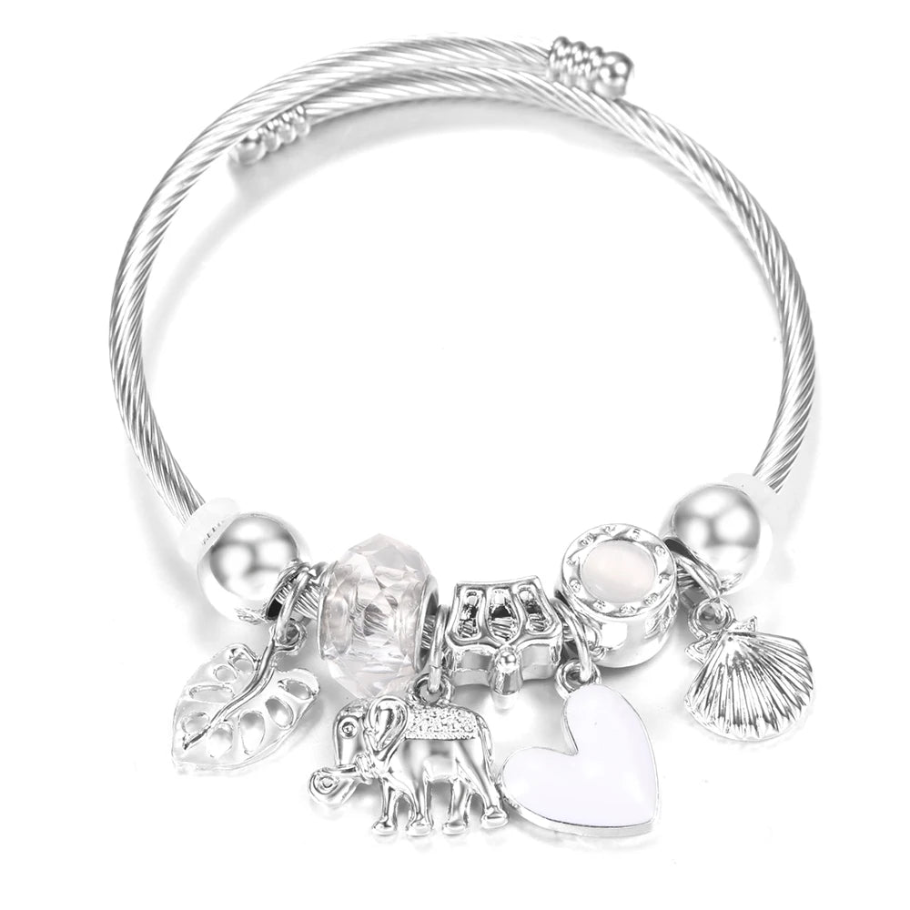 New Rhinestone Heart Shaped Pendant Stainless Steel Beaded Bracelet 4 Colors High Quality Closure Bangles Women Bracelet Jewelry