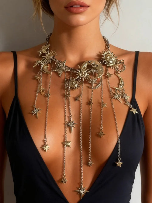 Layered star and moon tassel necklace with celestial charms statement jewelry for women