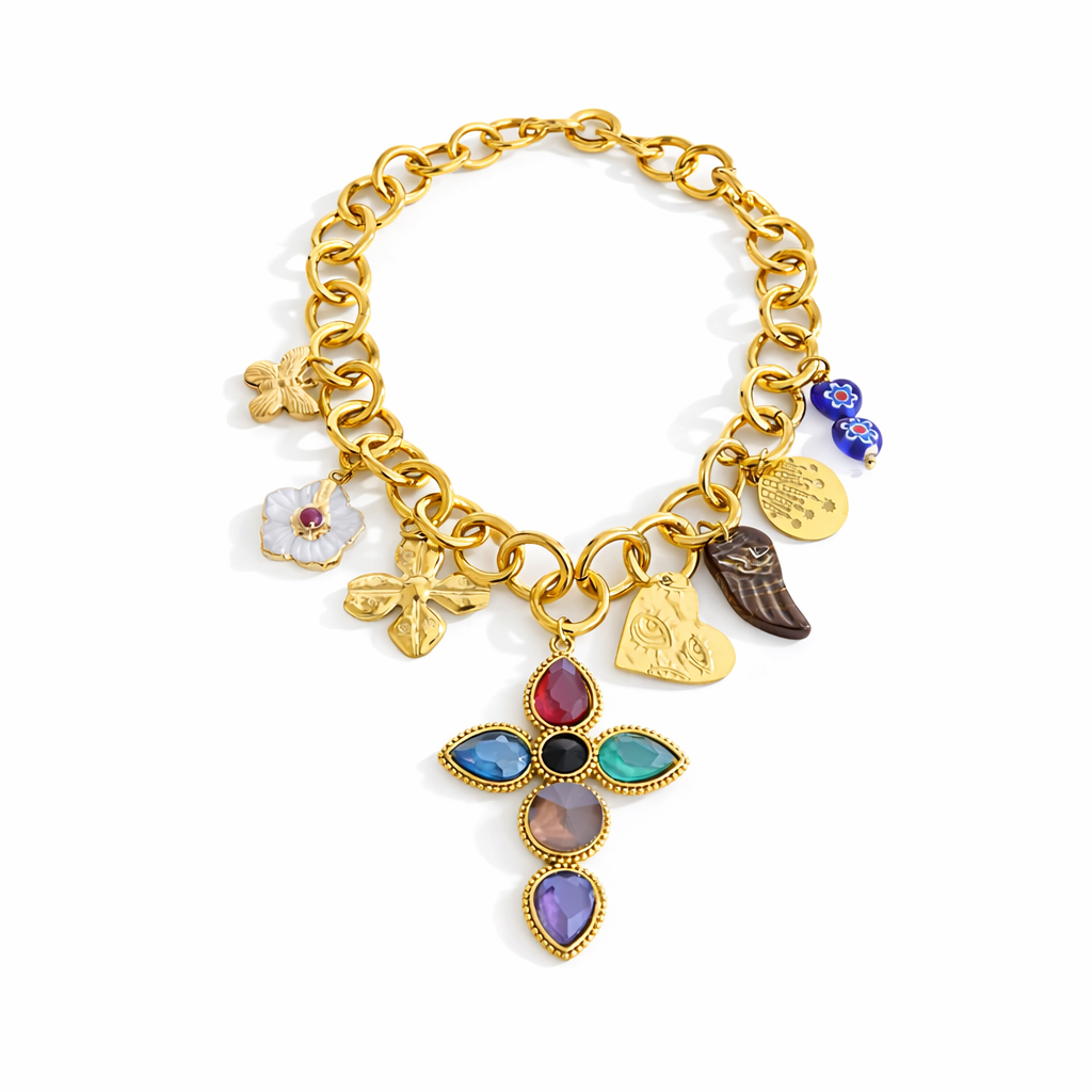 Gold charm cross necklace with multicolor gemstones and chunky chain statement jewelry for women