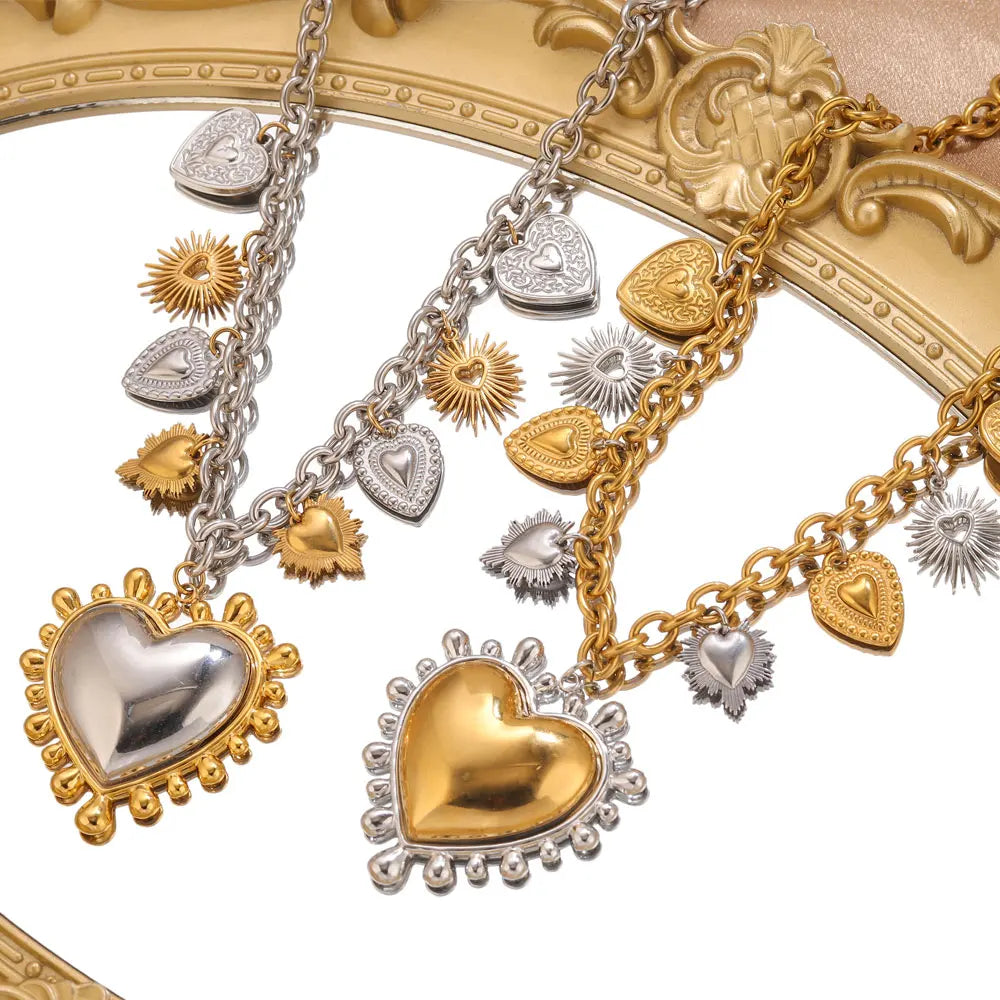 Gold and silver heart charm necklace with chunky chain statement jewelry for women