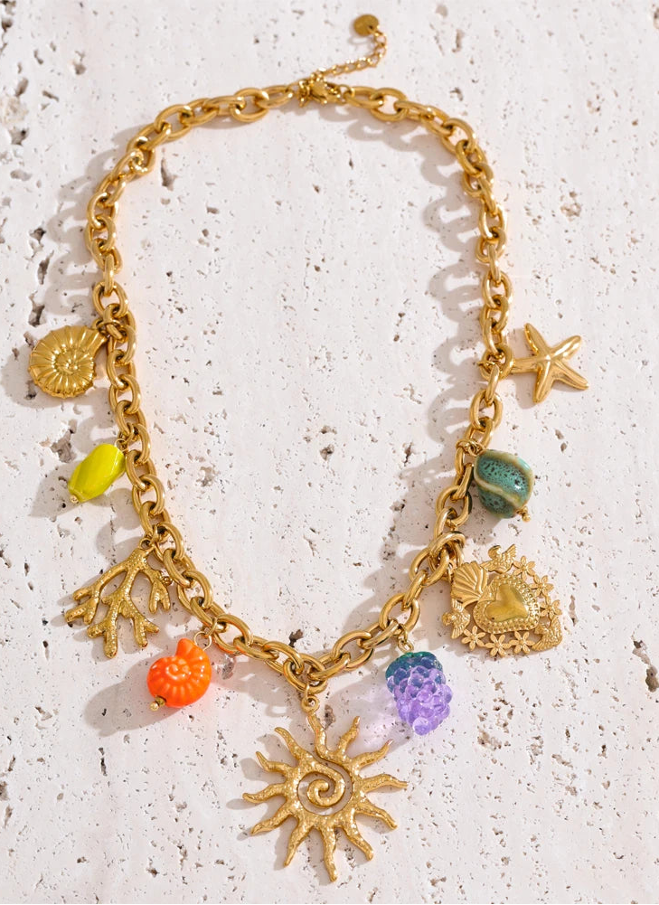 Gold ocean charm necklace with sun pendant and colorful ceramic charms statement jewelry for women
