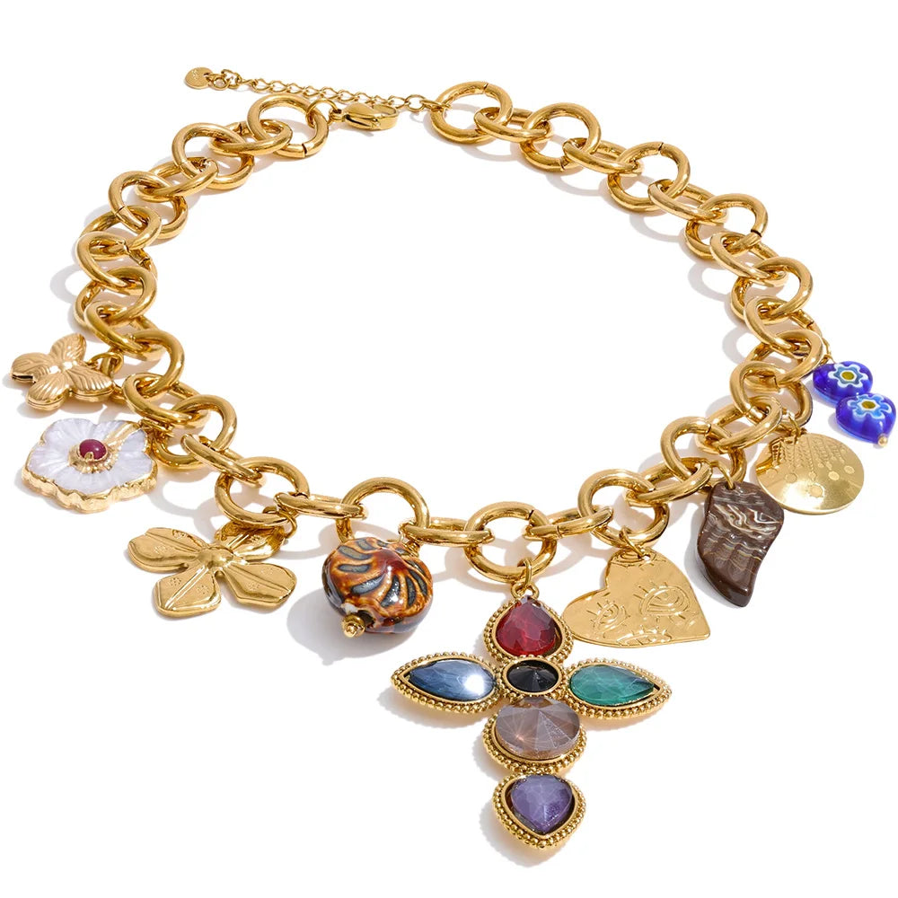 charm cross necklace with multicolor gemstones and chunky chain statement jewelry for women
